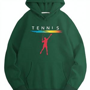 เสื้อฮู้ดพิมพ์ลายถักแบบลำลองสำหรับผู้หญิง ลายเงาผู้เล่นเทนนิสสีแดง - Product Image 1