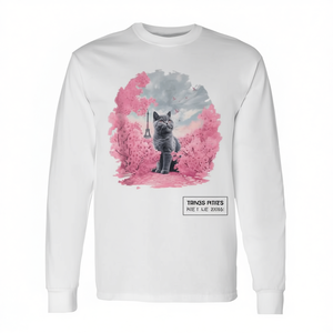 Simpatica maglietta a maniche lunghe con gatto e fiori di ciliegio a Parigi - Product Image 2