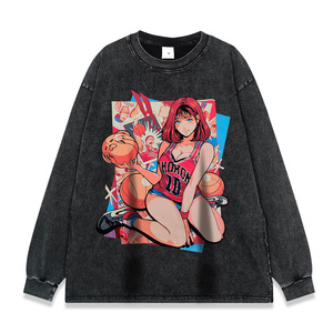Camiseta de Manga Larga Personalizada Negra de 300 Gramos, 100% Algodón, Lavado Ácido, con Estampado Gráfico de Slam <span class=keywords><strong>Dunk</strong></span> y Bleach Blue Lock para Hombre - Product Image 1