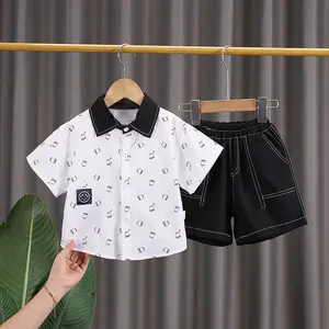 New style summer boys Mini smiley face print matching lapel short-sleeved top and denim shorts suit