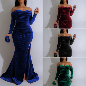 AL303 abiti alla moda per le donne abiti da sera eleganti a manica lunga con spalle sottili in <span class=keywords><strong>velluto</strong></span> Maxi abiti da festa da donna abito da sirena - Product Image 2