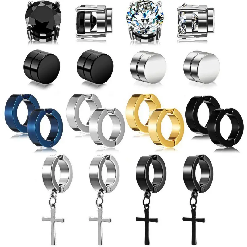 Simple 6mm 8mm Non Piercing Clip on Earrings Set Black Zircon Magnetic Hoop Stainless Steel Earrings Men