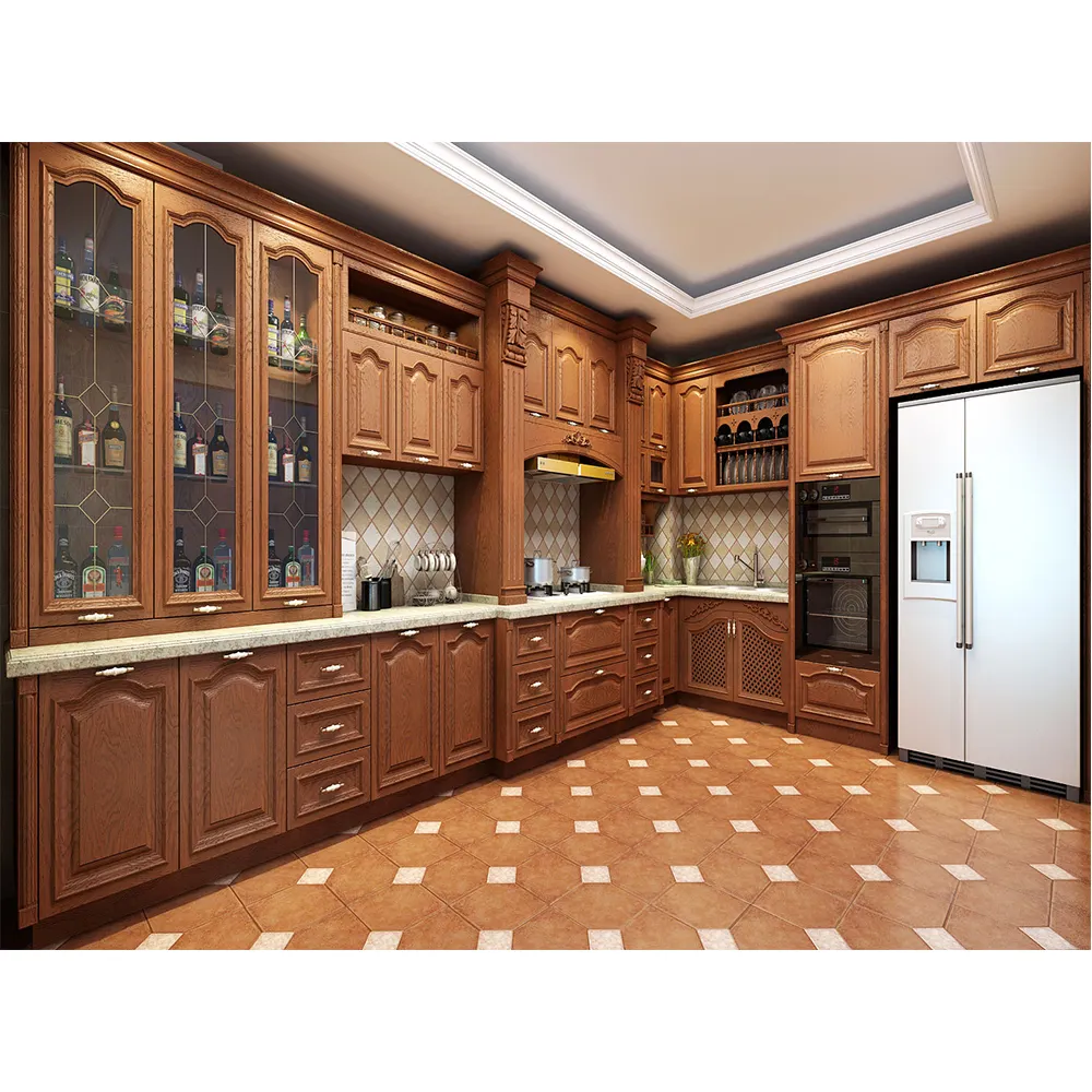 Gabinete de madera maciza de alta calidad, muebles de cocina de madera maciza de diseño clásico, gabinetes de cocina modulares en forma de L para cocina casera