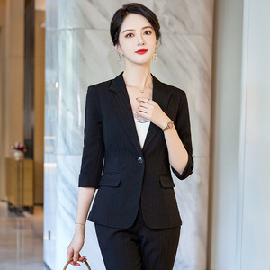 Women's Suit Set Three Quarter Sleeve Light Blue Slim Fit Anti-Wrinkle Business Commute Office Lady Two Piece Formal Wear - Product Image 4