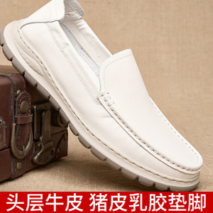 Mocassins en cuir véritable pour hommes, bout rond, à enfiler, semelle en caoutchouc respirante, chaussures de marche - Product Image 5
