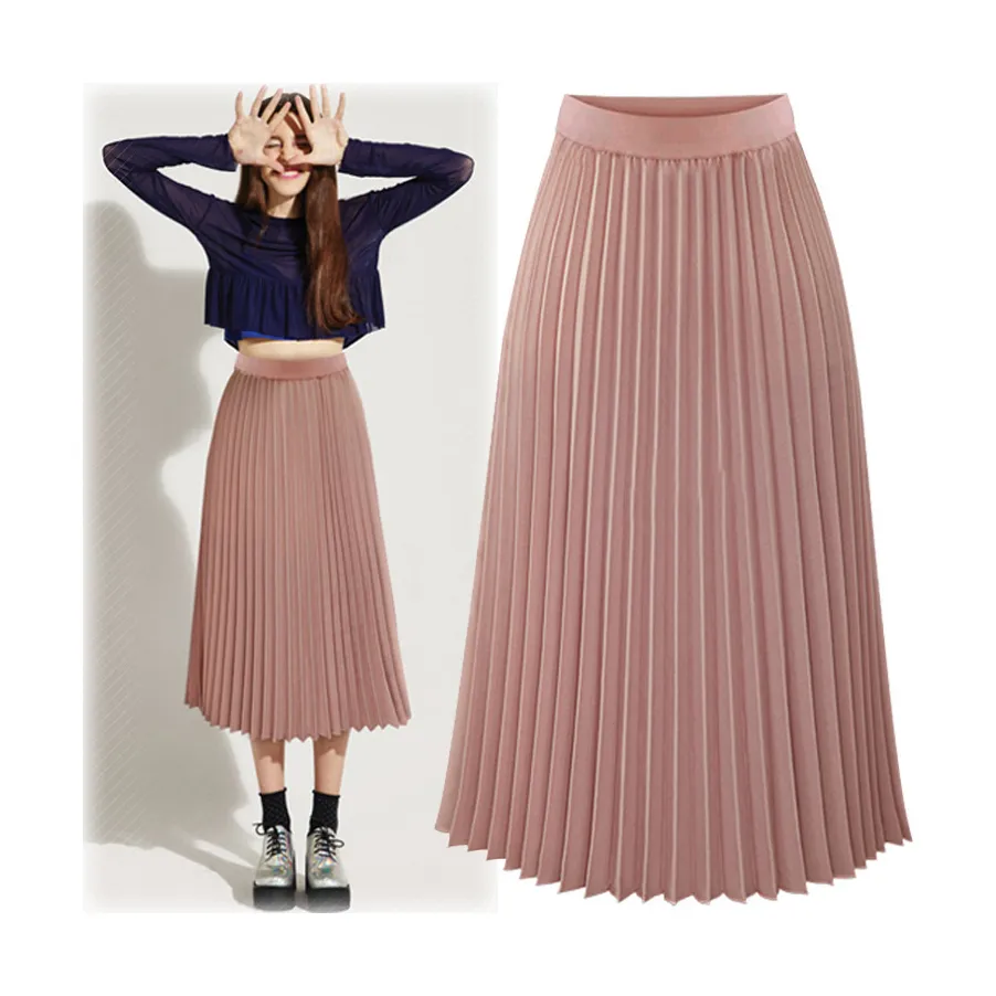 Casual High Waist Simple Outdoor Chiffon Pleated Skirt Pure Color Elegant Long Skirts For Ladies