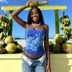 Floral Print Beach Vacation Cool Tank Top Blue sexy casual summer Backless Spaghetti Strap Camisoles - Product Image 3