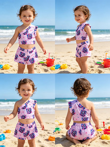 Conjunto de Pantalones Cortos y Top de un Solo Hombro B15 para Niñas, Personalización Rápida, Color Sólido, Ropa de Bebé, Conjunto de Algodón, Estilo Europeo - Product Image 1