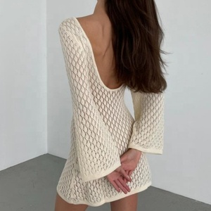 Strickwaren hersteller Häkel strick Einfarbig Fishtail Flare Langarm Sommer Mini Sweater Kleid für Frauen - Product Image 2