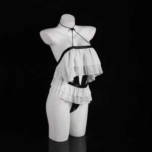 Lencería sexy: Body de gasa transparente con volantes y lazo, camisón hueco para mujer - Product Image 3