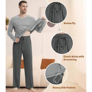 Conjunto de Pijama Personalizado para Hombre de Manga Larga, Cuello en V, Tejido de Bambú Viscosa, Suave y Cómodo, Pantalones de 2 Piezas, Ropa Casual - Product Image 4