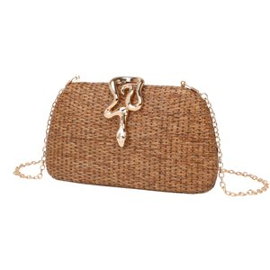 Sac de soirée élégant en paille tressée pour femme avec fermeture serpent, pochette à chaîne métallique amovible pour événements formels et vie quotidienne - Product Image 1