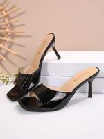 Sandales mules noires en PU verni pour femme, à bout ouvert, talon aiguille, à enfiler, légères, chaussures de soirée, vente en gros, logo personnalisé, OEM