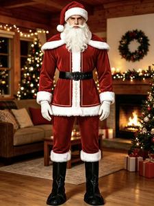 Costume de Père Noël Deluxe Brodé pour Adulte – Ensemble Complet en Velours Bordeaux avec Barbe, Chapeau, Ceinture, Bottes et Gants – Personnalisable – Vente en Gros - Product Image 4
