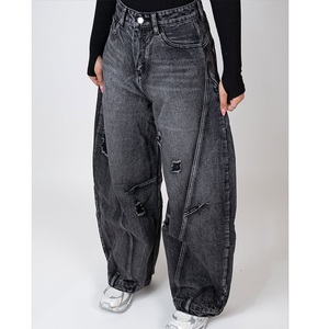 <span class=keywords><strong>Jeans</strong></span> Larghi da <span class=keywords><strong>Donna</strong></span> su Misura, Pantaloni a Gamba Larga Vintage in Denim Effetto Consumato - Product Image 4