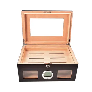 Factory Price Front Hygrometer Tempered Glass Top Cigar Humidor Box Spanish Cedar Humidor Desktop Humidor Hold 50 60 Cigars