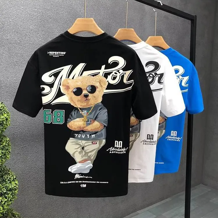 Little Cool Bear Cartoon Short Sleeve T-shirt for Men's High end Fashion Brand Loose Round Neck Fashion Youth Underlay Print