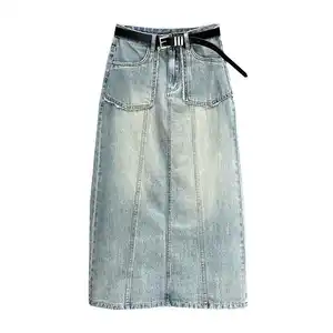 Rok Denim panjang wanita, rok Denim panjang wanita, Rok jins Vintage pinggang tinggi, rok pensil A-line belahan sisi lurus Musim Panas 2024