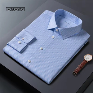 <span class=keywords><strong>Chemise</strong></span> habillée bleue en coton avec bouton sans repassage et logo brodé personnalisé pour hommes d'affaires chemises d<span class=keywords><strong>éco</strong></span>ntractées de bureau d'été en tricot à manches longues - Product Image 5