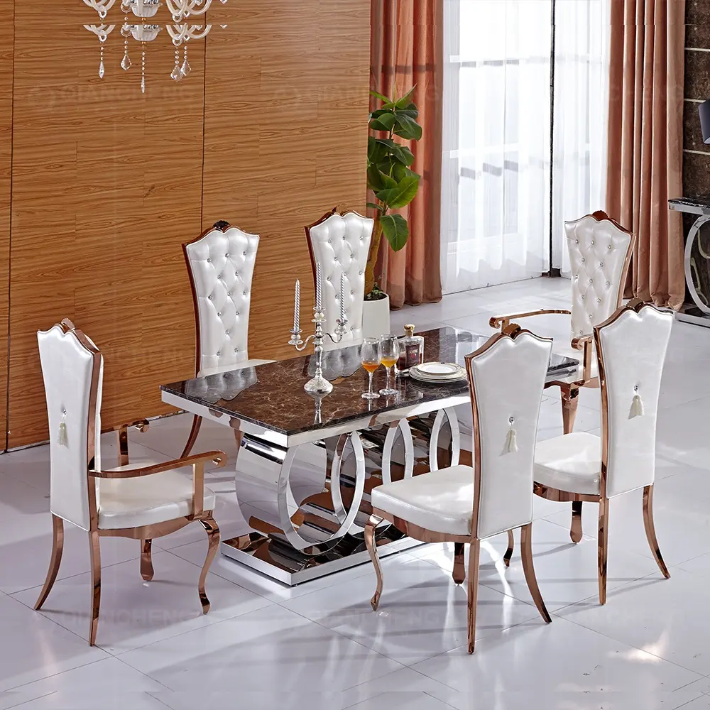 Mesa de comedor con patas de metal cromadas, muebles de lujo de acero ss, mármol, 8 plazas, 6 sillas