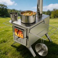 Réchaud de tente multi-scènes en acier inoxydable avec pieds pliables, plaque de cuisson supérieure détachable, portable, haute efficacité pour la chasse et la pêche