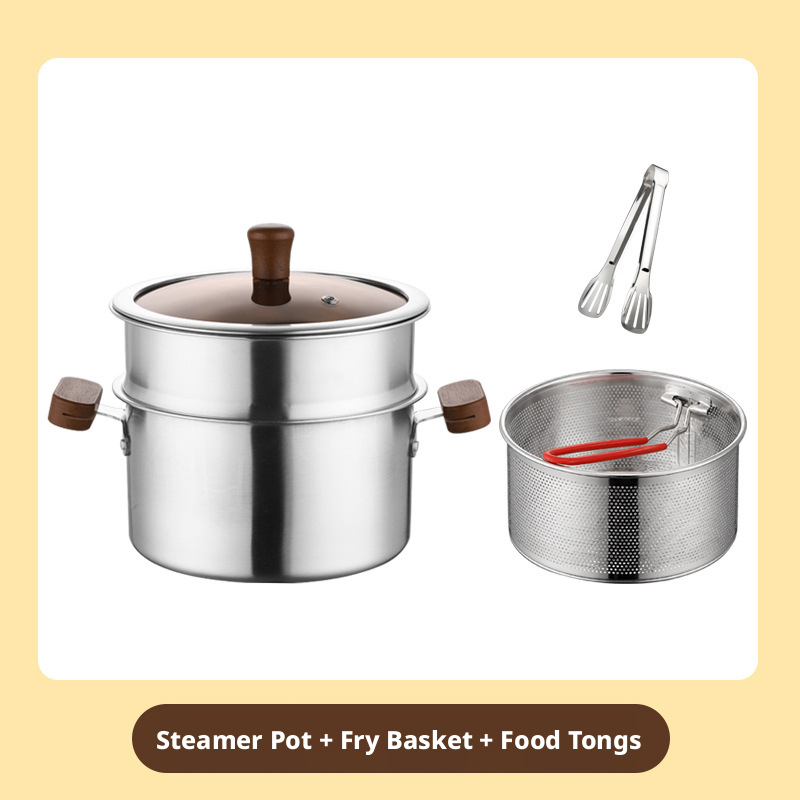 Olla para sopa de acero inoxidable 304 plateado con tapa, rejilla para cocinar al vapor y cesta para freír.