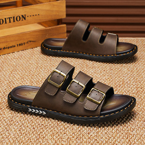 Sandales d'été élégantes pour hommes à bout ouvert avec boucles métalliques multi-ajustables en similicuir cousues à la main antidérapantes décontractées - Product Image 1