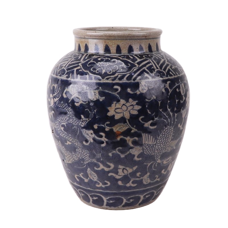 青白陶器ドラゴン模様花瓶 Ming Dynasty Yellow Glaze Blue White Porcelain Dragon Beast