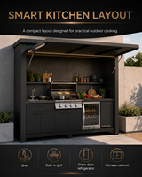 Ensemble de meubles de cuisine extérieure sur mesure avec grill coulissant, évier, réfrigérateur et rangement