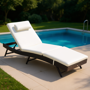 Outdoor Sun Lounger Chair White PE Rattan Adjustable <b>Backrest</b> Poolside Recliner with Cushion Contemporary Design - Product Image 2