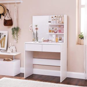 Винтажная коричневая Косметическая станция с открытыми полками и закругленными углами с 2 ящиками и зеркальным деревянным столиком для макияжа для спальни - Product Image 6