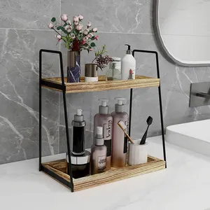 Estante de almacenamiento de madera con asas para baño, organizador de 2 niveles para encimera de baño y cocina