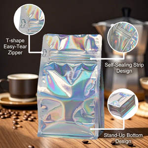 Sachet Doypack Ziplock en gros avec film holographique irisé et valve unique, qualité alimentaire, pour café, thé et snacks - Product Image 5