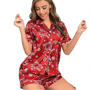 Pyjama d'été élégant 2025 en satin respirant imprimé avec taille élastique et design assorti sur le devant, idéal pour un cadeau de Noël - Product Image 2