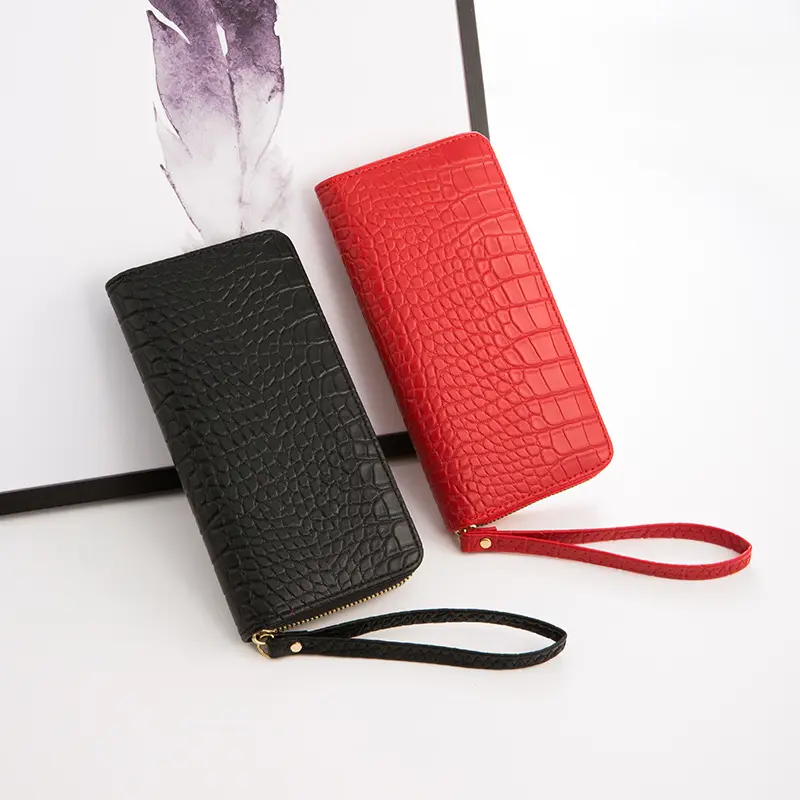 Offre Spéciale Femmes Embrayages Portefeuille PU Crocodile Avec bracelet Longue Fermeture Éclair En Cuir de Téléphone portable Sac De Mode Noir Et rouge