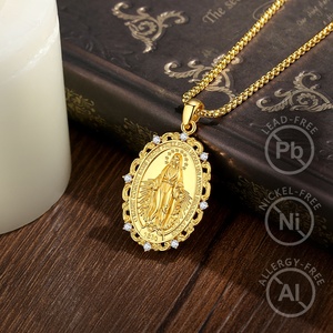 Vente en gros de bijoux de protection catholiques, pendentif médaille miraculeuse ovale de la Vierge <span class=keywords><strong>Marie</strong></span> plaqué or 24 carats avec zircon blanc - Product Image 4
