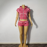 Ensemble 2 pièces décontracté pour femme : veste à capuche zippée et short en maille gaufrée, tenue d'été pour la maison, logo personnalisé, rayures unies 2026