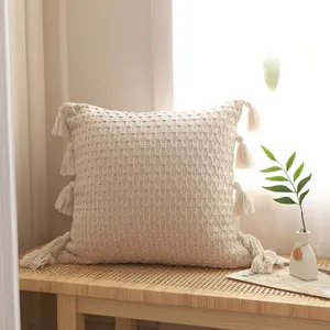 Funda de almohada con borlas para decoración del hogar, funda de algodón tejida con borlas, cuadrada y moderna