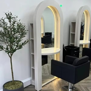 Gabinete personalizado para el cabello, belleza, salón de uñas, muebles de peluquería, peluquería, estación de espejo Led arqueado con estante de exhibición - Product Image 1