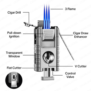 Briquet à cigare multifonctionnel <span class=keywords><strong>en</strong></span> métal, triple flamme, coupe-vent, rechargeable au butane, allumeur portable d'extérieur, cadeaux d'affaires - Product Image 2