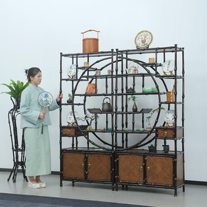 Bamboo Qige Double Layered Semi Circular Display Shelf Antique Chinese Style Storage Cabinet For Living Room Tea Room - Product Image 3