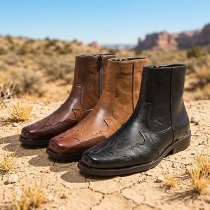 Botas vaqueras de hombre con cremallera lateral, tacón bajo, bordado y detalles de costura, estilo cowboy - Product Image 1