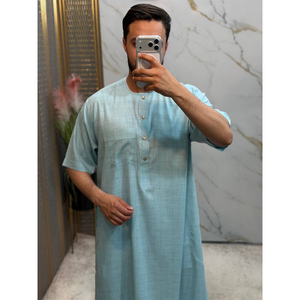 Modern Arabic Style Moroccan Cotton <b>Thobe</b> Prayer Robe Short Sleeve Round Neck Button Chest Pocket - Product Image 3