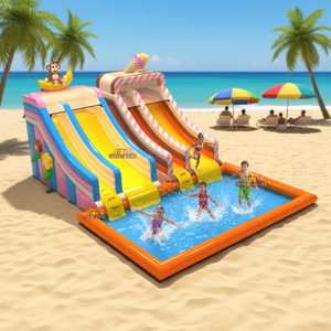 Tobogán Acuático Inflable <span class=keywords><strong>Tropical</strong></span> con Piscina de Chapoteo, Parque Acuático Inflable con Diseño de Helado para Juegos al Aire Libre y Negocios de Alquiler - Product Image 1