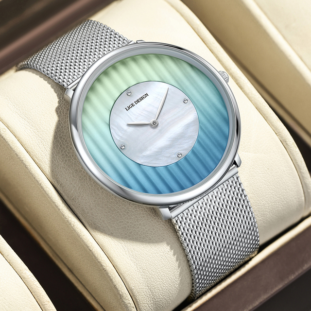 LIGE LG89250 Ultra-Thin Blue Gradient Color Dial Super Slim Quartz Wrist Watch for Men Women Mesh Stainless Steel Silver Clock