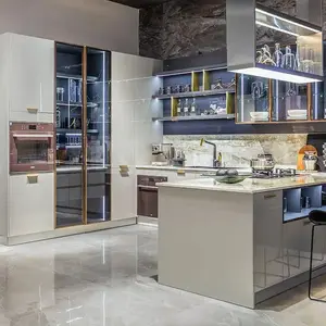 Modernes Design Hochglanz lack Grau Küchen schränke Stahl Küchen schränke Kleine Küchen schränke mit Glastür