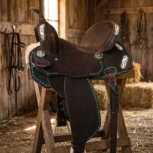 Selle Western Portable en Cuir Véritable Turquoise Brodée Barkat Overseas pour l'Équitation – Couleurs et Tailles Personnalisables, Idéale pour le Dressage - Product Image 3
