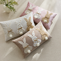 Housses de coussin décoratives modernes en faux lin, motif lapin de Pâques, avec pompons 3D mignons, brodées, amovibles et lavables, vente en gros