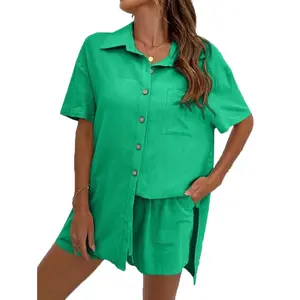 2023 Novas Blusas das Mulheres Camisas de algodão de manga curta solta Blusa moda casual camisa shorts duas peças set