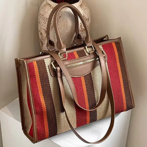 Sac fourre-tout vintage en cuir véritable pour femmes 2024 nouvelle couleur sac à main rayé fermeture à glissière étanche - Product Image 1